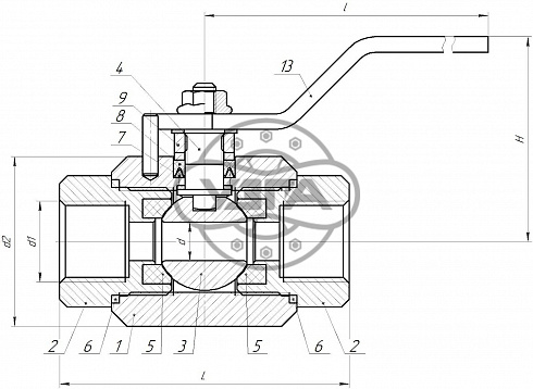 Кран шаровой разборный трехсоставной муфтовый Dn25 Pn40 Ст. 20 11с45п